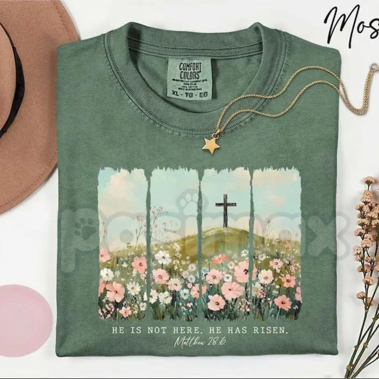 Comfort Colors® "He Is Not Here He Has Risen" T-Shirt – Matthew 28:6 Easter Bible Verse Shirt, Aesthetic Christian Resurrection Tee, Minimalist Faith-Based Gift