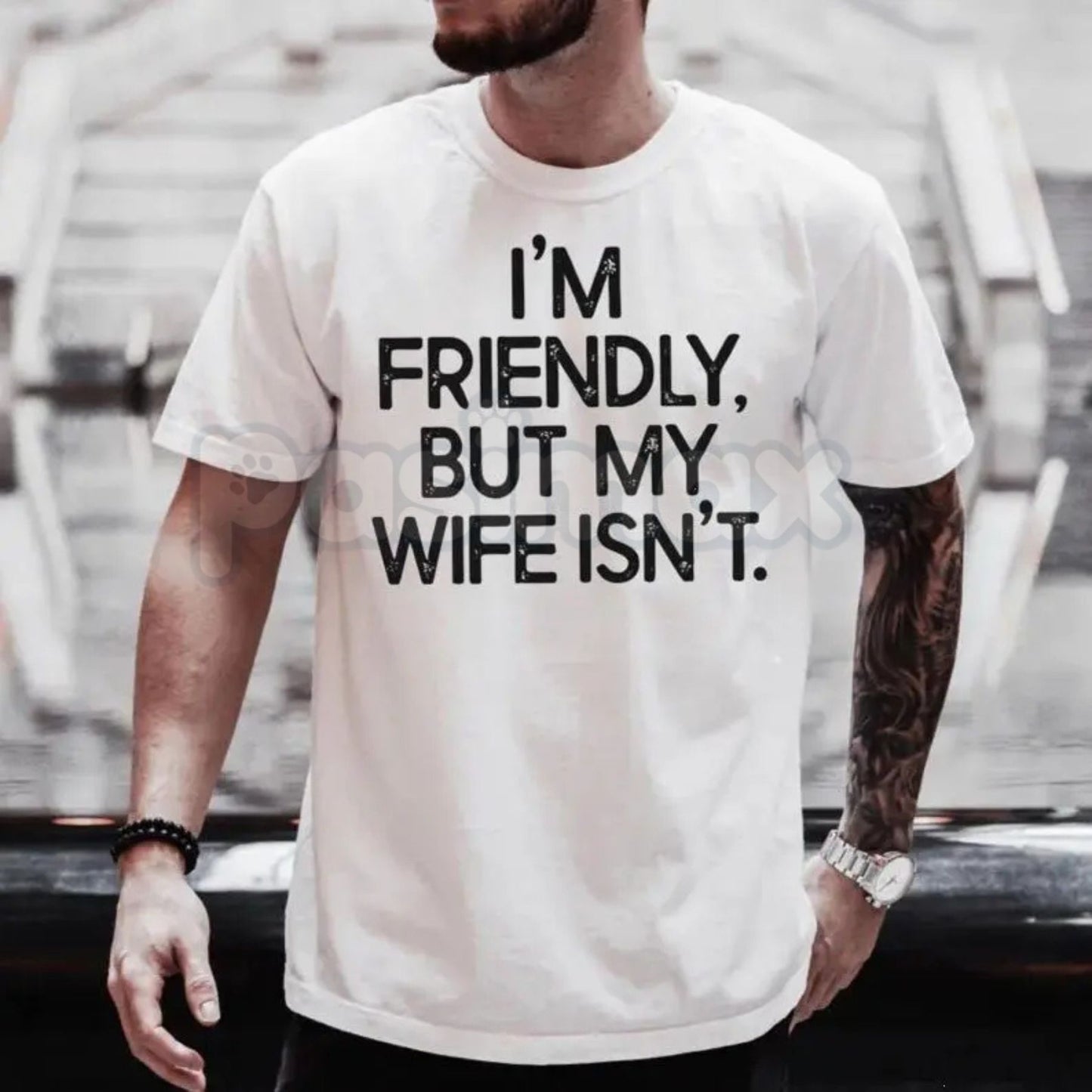 "I'm Friendly But My Wife Isn't" Funny Men's T-Shirt - Humorous Husband Warning Graphic Tee, Premium 100% Cotton Sarcastic Marriage Gift, Witty Joke Gag Shirt for Him, Soft Lived-In Heavyweight Casual Apparel, Funny Couple's Statement Top