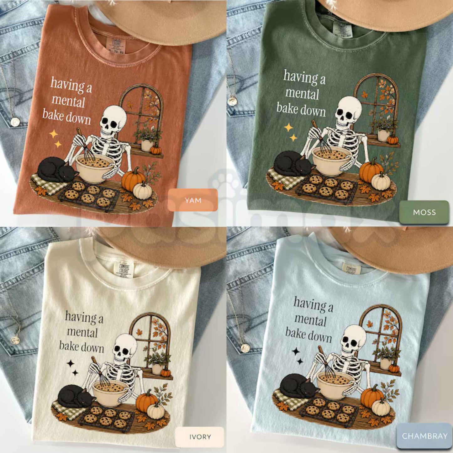 Comfort Colors® "Having A Mental Bake-Down" Skeleton T-Shirt – Funny Halloween Baking Graphic Tee, Retro Spooky Season Cookie Baker Unisex Top