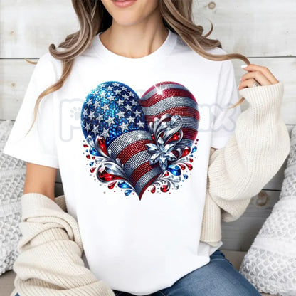American Flag Heart Design T-Shirt – Patriotic USA Graphic Tee, Premium 100% Cotton Casual Crew Neck Top, Soft Lived-In Heavyweight Red White and Blue Heart Shirt, Made in USA