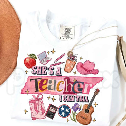 Comfort Colors® "She's A Teacher, I Can Tell" T-Shirt – Retro Aesthetic Funny Teacher Graphic Tee, Cute Back to School Gift, Whimsical Educator Unisex Top