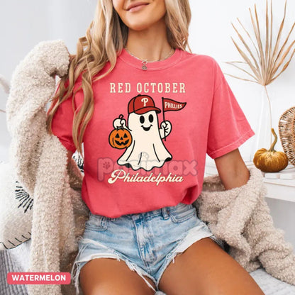 Comfort Colors® 'Red October' Halloween Ghost T-Shirt – Spooky Baseball Philadelphia Tee, Phillies Fan Outfit, Vintage Halloween Shirt