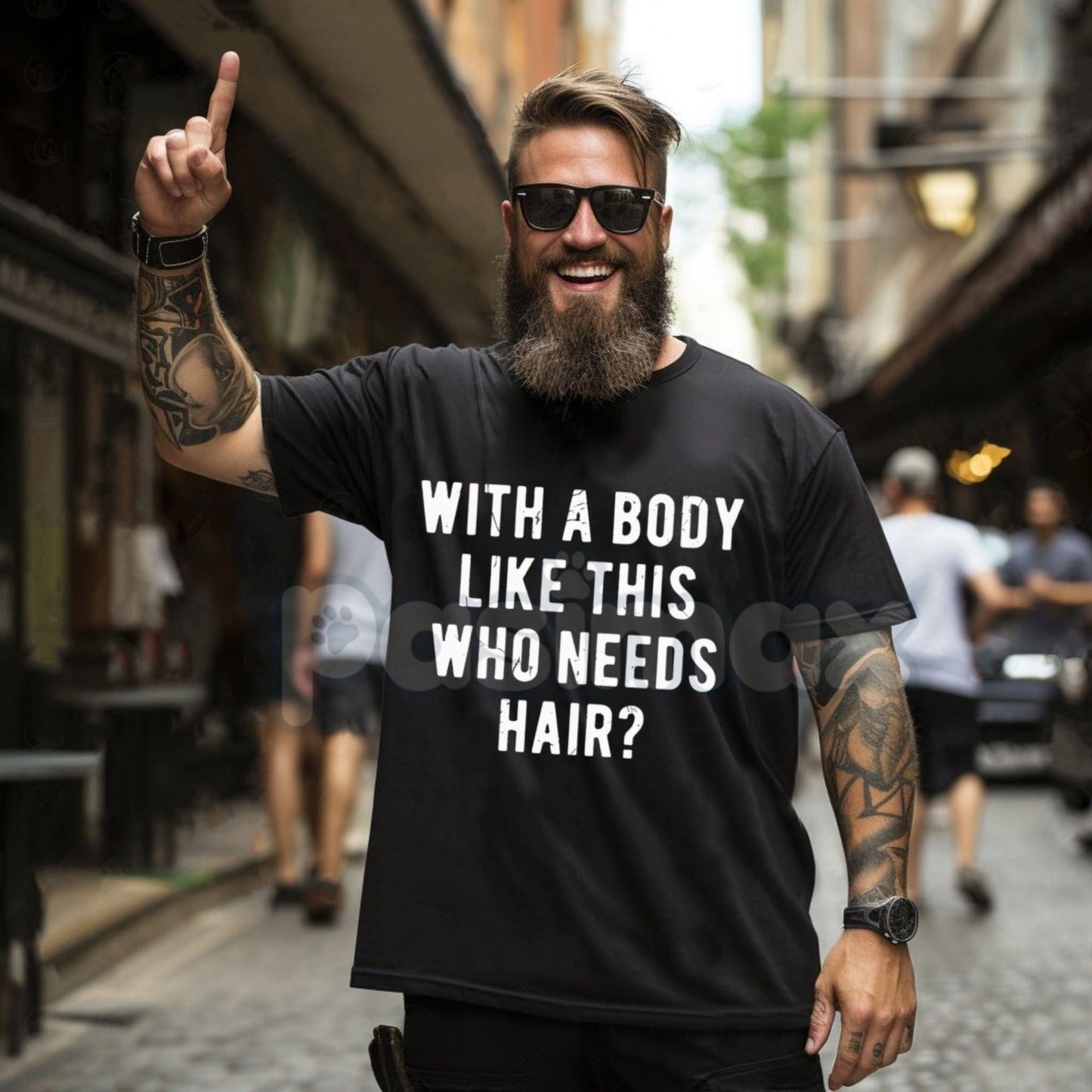"With A Body Like This Who Needs Hair" T Shirt - Funny Balding Dad Bod Tee Mens, Self-Deprecating Humor Gift, Ironic Statement Top