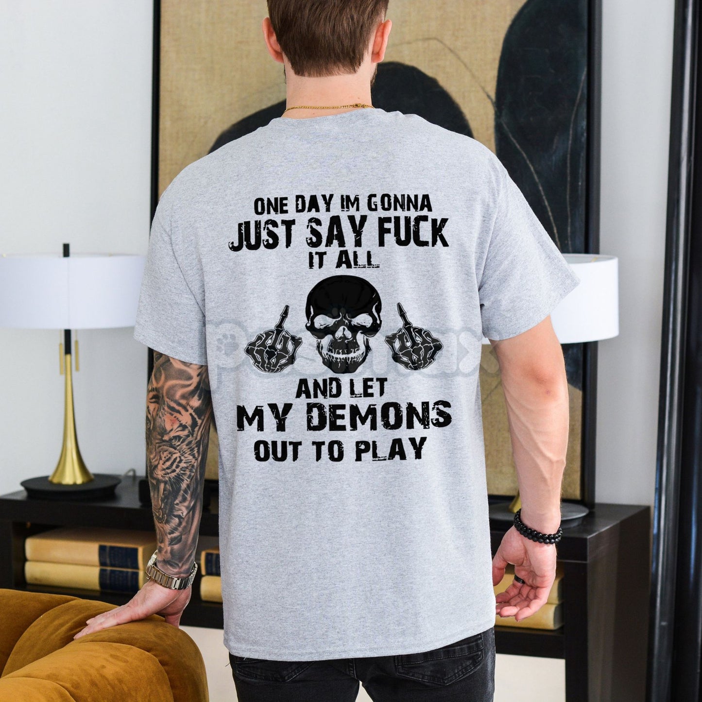 "FUCK IT ALL" Defiant Skeleton T-Shirt - Men's Sarcastic Slogan Tee, Dark Humor Graphic Apparel, Rebellious Attitude Streetwear