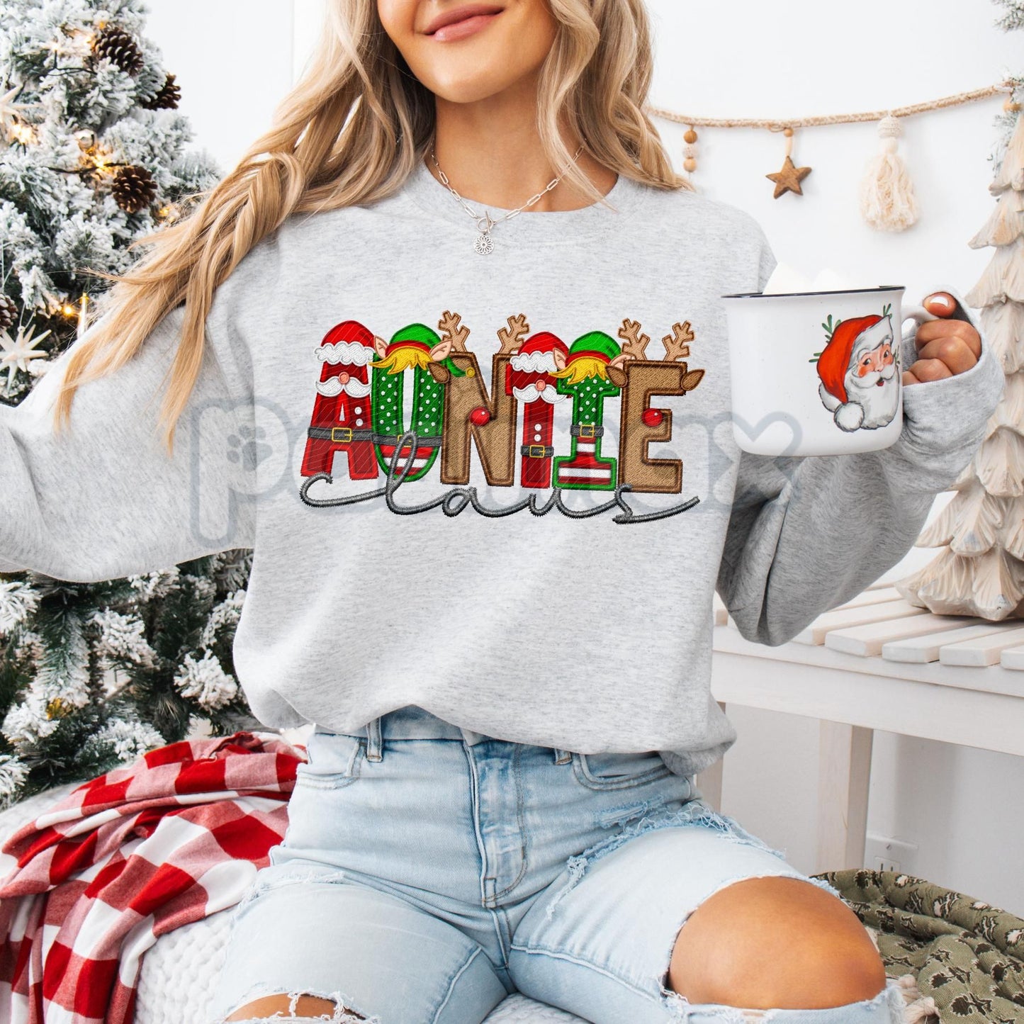 Unisex Faux Embroidery "Claus" Christmas Sweatshirt – Festive Holiday Pullover
