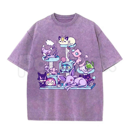 Cute Kitty Aesthetic Anime Tee – Kawaii Neko Graphic T-Shirt, Vintage Washed Japanese Pop Art Lightweight Cotton Unisex Streetwear Top