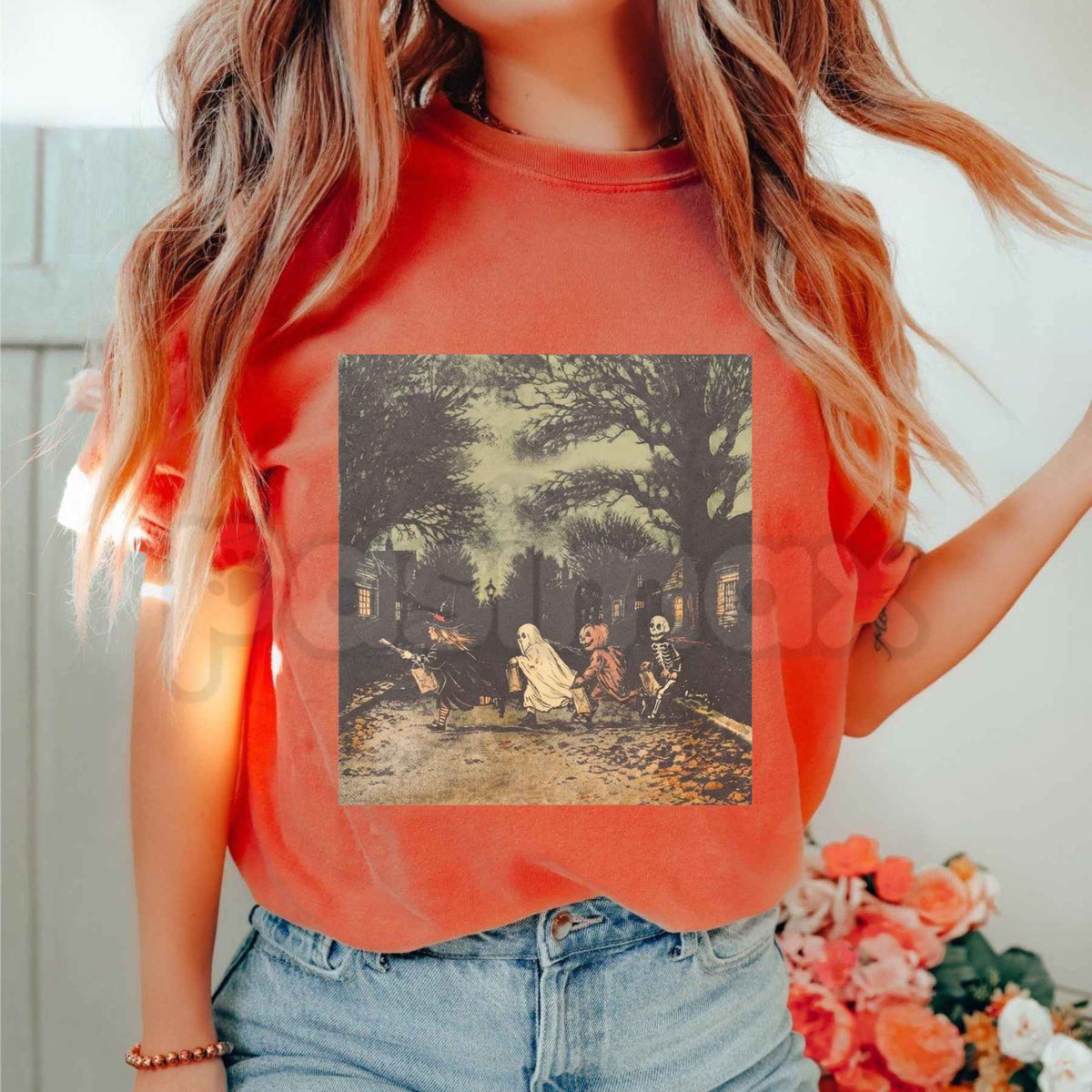 Comfort Colors® Dark Gothic Halloween T-Shirt – Vintage Witch Skeleton & Pumpkin Graphic Tee, Dark Fantasy Unisex Top & Gift