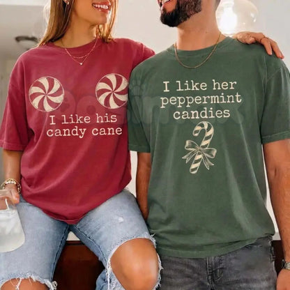 Comfort Colors® I Like His Candy Cane & I Like Her Peppermint Candies T-Shirts – Funny Christmas Couples Matching Graphic Tees, Holiday Unisex Top & Gift