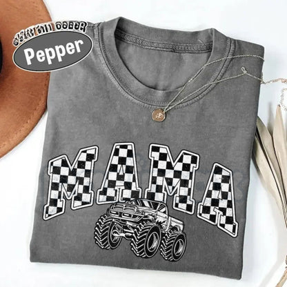 Comfort Colors® Monster Truck Mama T-Shirt – Oversized Checkered Mom Graphic Tee, Retro Racing Mama Shirt, Trendy Distressed Motherhood Gift