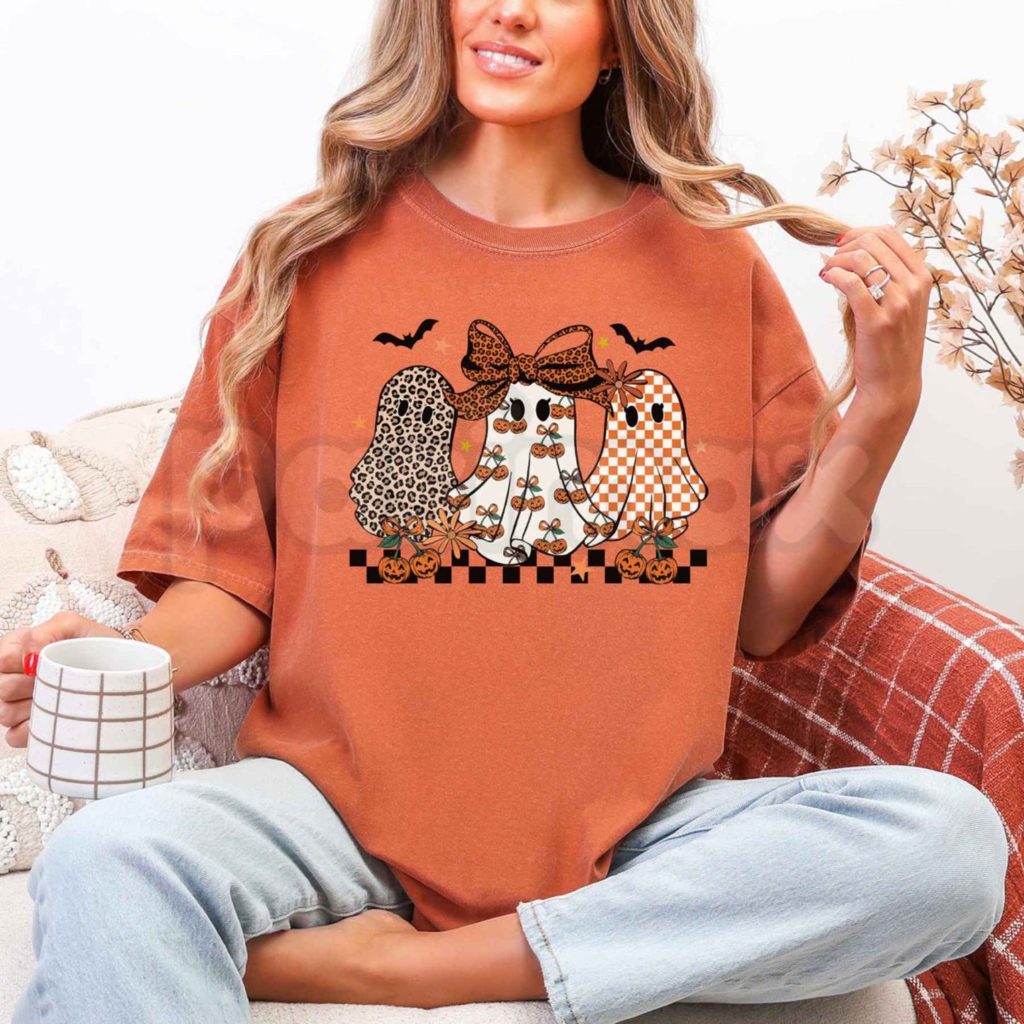 Comfort Colors® Coquette Leopard Checkered Ghost T-Shirt – Retro Spooky Season Graphic Tee, Cute Halloween Unisex Top
