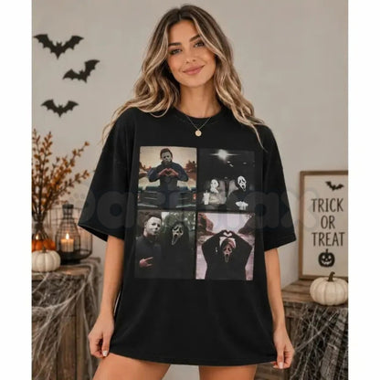 Vintage Slasher Movie Collage T-Shirt – Michael Myers & Ghostface Horror Streetwear Tee