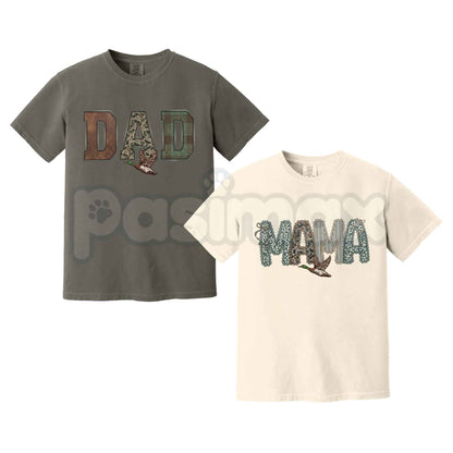 Comfort Colors® Mom And Dad Camo Shirts – New Parent Matching Graphic Tees, Retro Mama & Dada Pregnancy Announcement Gift Set