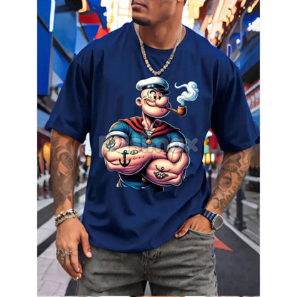 Men's Popeye Printed Urban Casual T-Shirt - Classic Cartoon Graphic Tee, Short Sleeved Round Neck