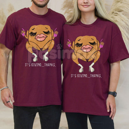 "It’s Giving Thanks" Thanksgiving Vibe Check T-Shirt - Modern Internet Humor Tee, Funny Turkey Day Streetwear, Viral Slang Apparel