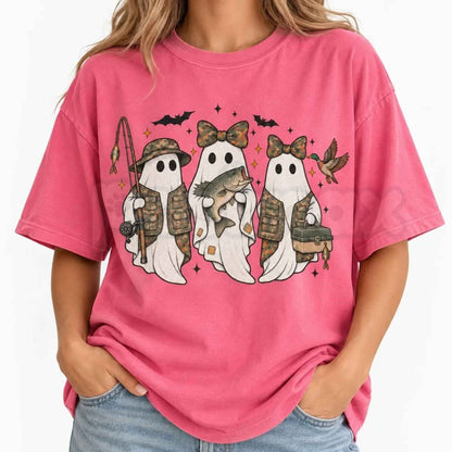 Comfort Colors® Fishing Season Ghosts T-Shirt – Camo Ghost Fishing Halloween Graphic Tee, Retro Outdoorsman Unisex Top & Gift