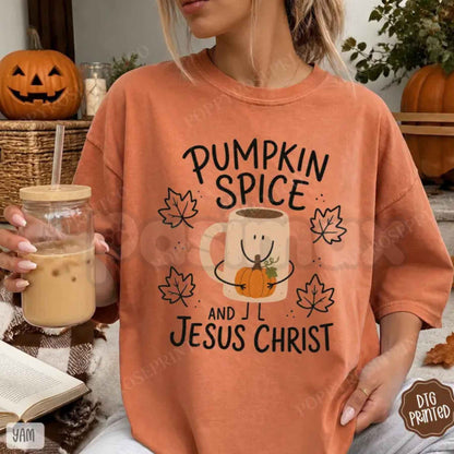 Comfort Colors® Pumpkin Spice & Jesus Christ T-Shirt – Vintage Fall Faith Graphic Tee, Cozy Christian Unisex Top