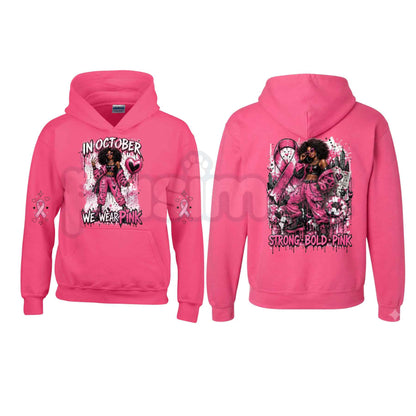 Heliconia Horror October Hoodie – In October We Wear Pink Scary Movie Character Pumpkin Bat Graphic Pullover, Halloween Breast Cancer Awareness Sweatshirt