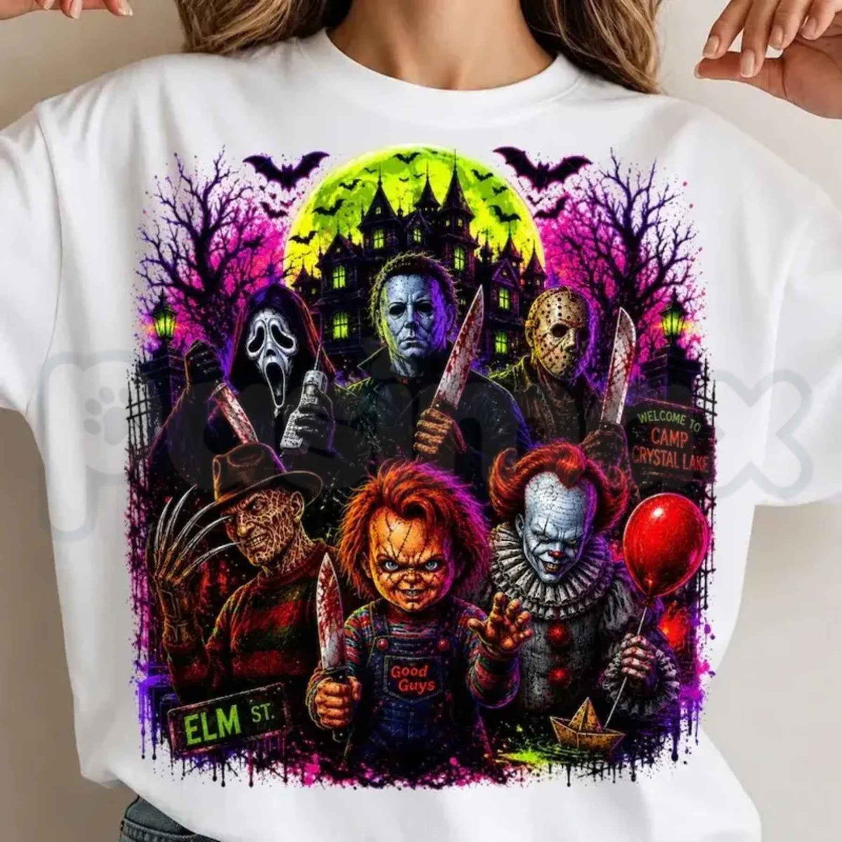 Neon Halloween Horror Movie Characters T-Shirt – Retro Cyberpunk Scary Slashers Unisex Tee
