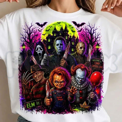 Neon Halloween Horror Movie Characters T-Shirt – Retro Cyberpunk Scary Slashers Unisex Tee