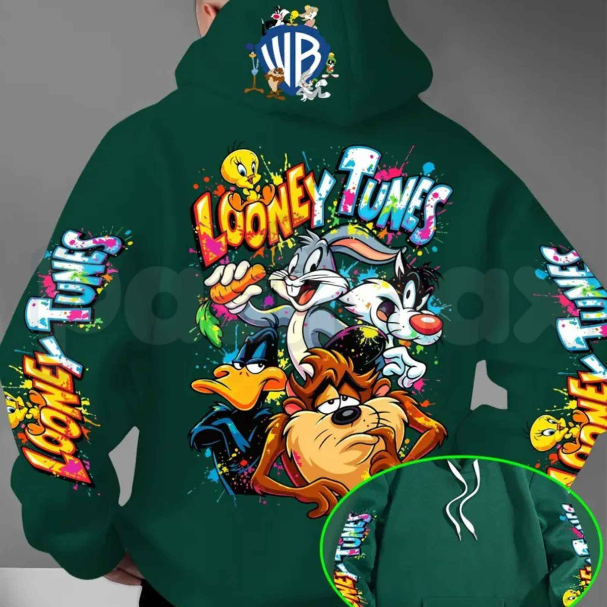 Men's Looney Tunes Back Print Hoodie – Vintage Cartoon Character Graphic Pullover, Retro Streetwear Long Sleeve Sweatshirt