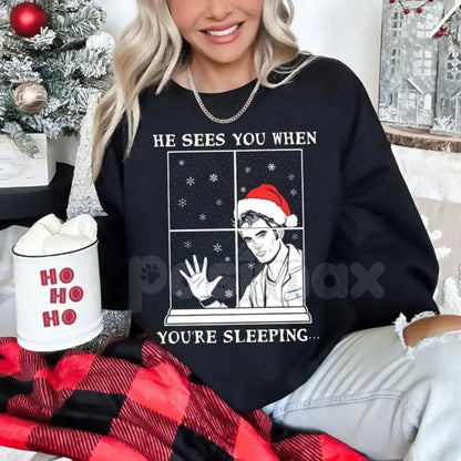 He Sees You When You're Sleeping Christmas Shirt | Funny Creepy Santa Surveillance Jumper | Dark Humor Holiday Crewneck | Naughty List Gift