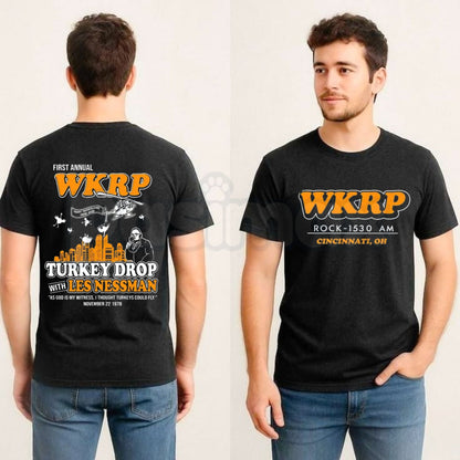 WKRP Turkey Drop T-Shirt – Les Nessman As God Is My Witness Thanksgiving Graphic Tee