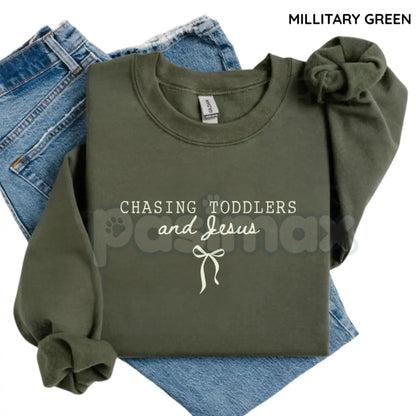 Chasing Jesus and Toddlers Sweatshirt | Coquette Christian Bow Crewneck | Aesthetic Faith Based Mom Jumper | Christian Motherhood Gift | Dainty Religious Bow Pullover