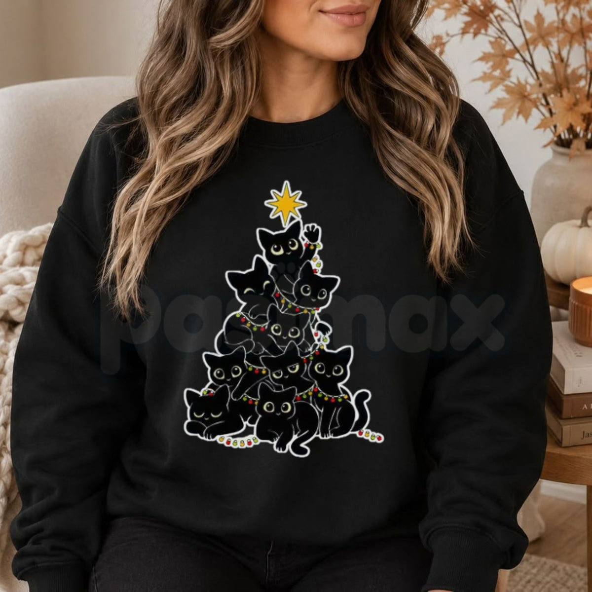 Geometric Black Cat Christmas Tree Sweatshirt | Modern Feline Holiday Pattern Crewneck