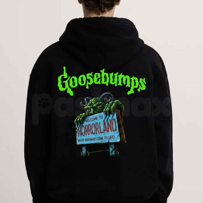 Retro Goosebumps Horrorland Hoodie – Vintage 90s Nostalgia Graphic Pullover, Spooky Book Cover Sweatshirt, Unisex Horror Gift