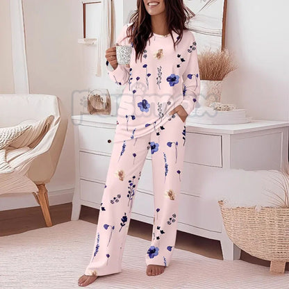 ChicMe Women's Floral Print Lounge Set - Long Sleeve Top & Casual Pants with Pockets, Comfortable Home Wear