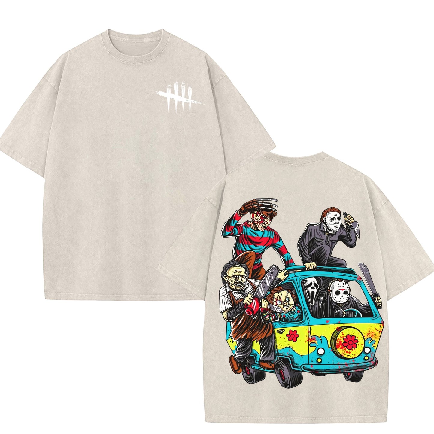 Halloween Scary Cartoon Character Print Dead By Daylight – Washed Tee, Cotton Menswear Top
