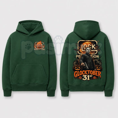 Michael Myers Glocktober 31st Double-Sided Graphic Hoodie – Halloween Horror Tactical Slasher Pullover, Spooky Season Gun Humor Sweatshirt, Unisex Heavy Blend