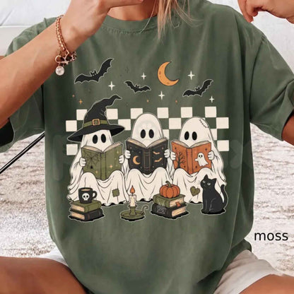 Comfort Colors® Ghost Book Reader T-Shirt – Book Lover Halloween Graphic Tee, Spooky Season Librarian & Teacher Unisex Top