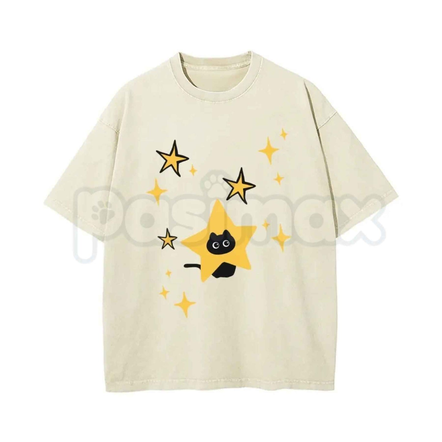 Black Cartoon Kitten and Five-Pointed Star Graphic Washed T-Shirt – Y2K Alt Gothic Cat Graphic Tee, Vintage Washed Lightweight Cotton Unisex Top