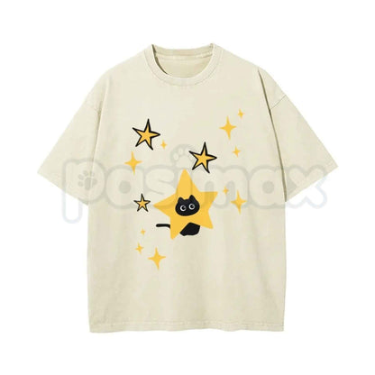 Black Cartoon Kitten and Five-Pointed Star Graphic Washed T-Shirt – Y2K Alt Gothic Cat Graphic Tee, Vintage Washed Lightweight Cotton Unisex Top