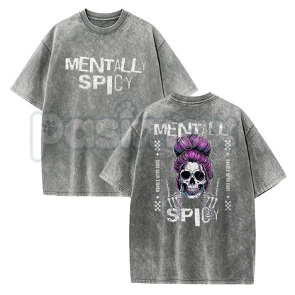 Spicy Brain Skull T-Shirt – Funny Neurospicy Mental Health Graphic Tee, Vintage Washed Edgy Skeleton Lightweight Cotton Meme Top