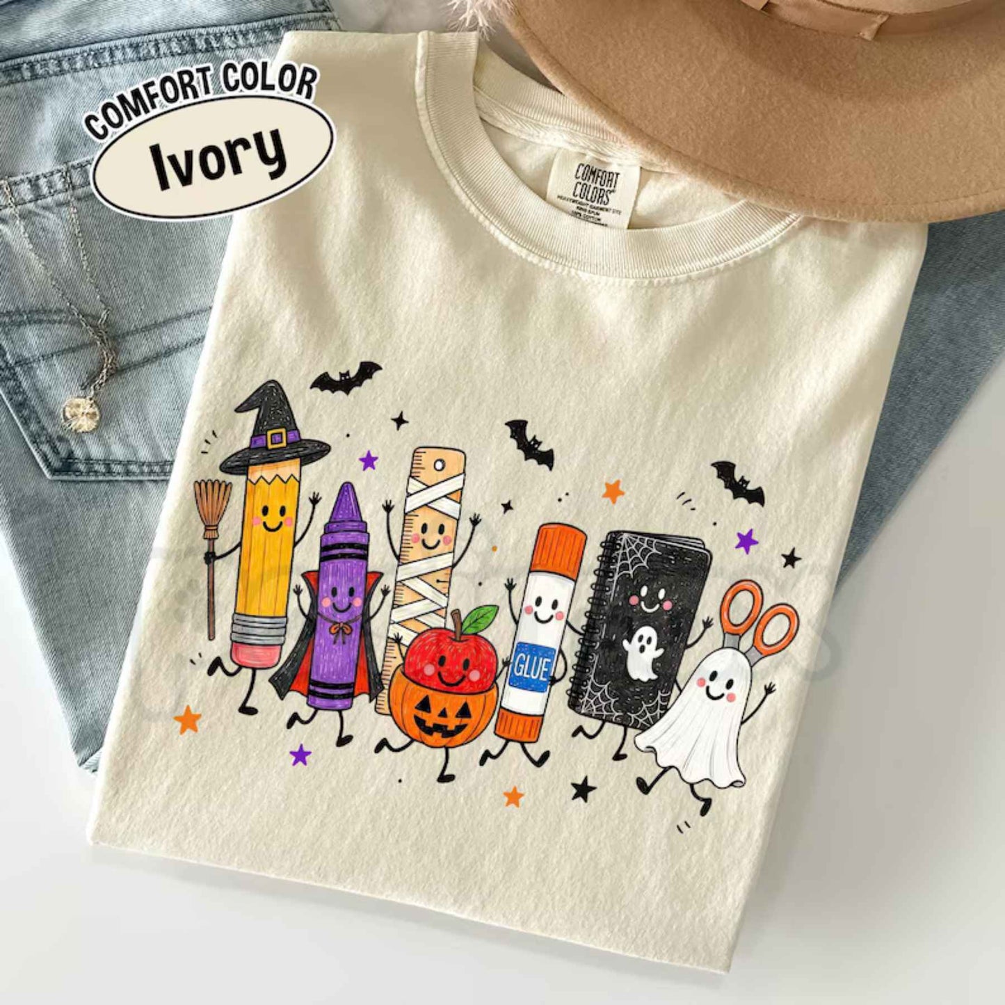 Comfort Colors® Halloween Teacher T-Shirt – Spooky School Supplies Graphic Tee, Cute Ghost Classroom Unisex Top & Gift