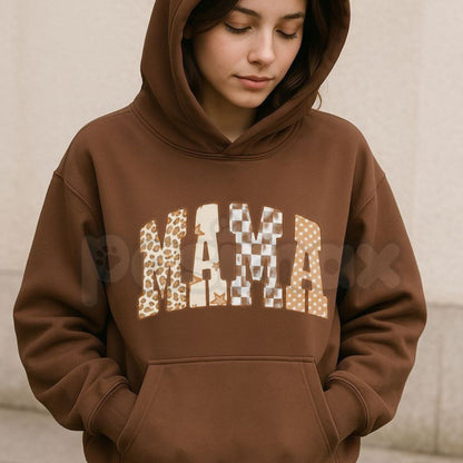 Retro Patchwork MAMA Hoodie – Vintage Mom Block Letter Graphic Pullover, Aesthetic Mother’s Day Sweatshirt, Unisex Heavy Blend