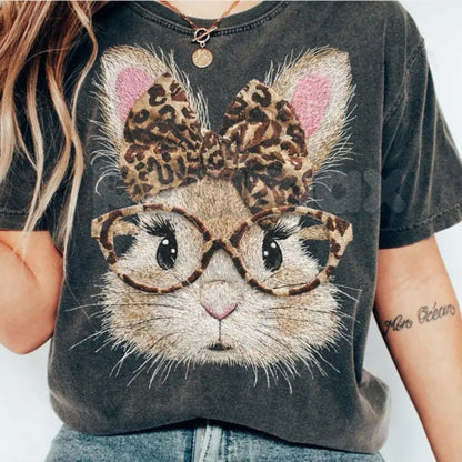 Comfort Colors® Retro Checkered & Leopard Easter Bunny T-Shirt – Trendy Mixed Print Easter Shirt, Aesthetic Spring Bunny Graphic Tee, Preppy Boho Easter Top