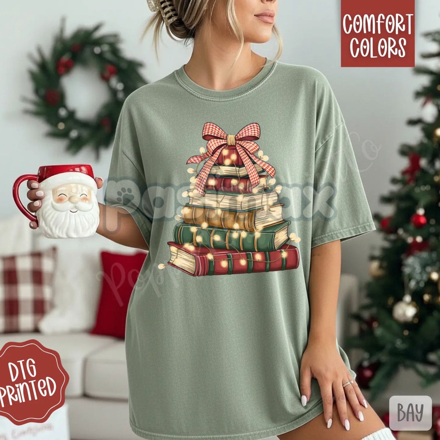 Comfort Colors® Book Stack Christmas Tree T-Shirt – Cozy Reading Holiday Apparel, Literary Gift for Readers