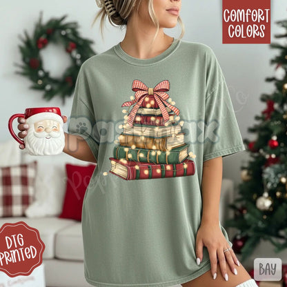 Comfort Colors® Book Stack Christmas Tree T-Shirt – Cozy Reading Holiday Apparel, Literary Gift for Readers