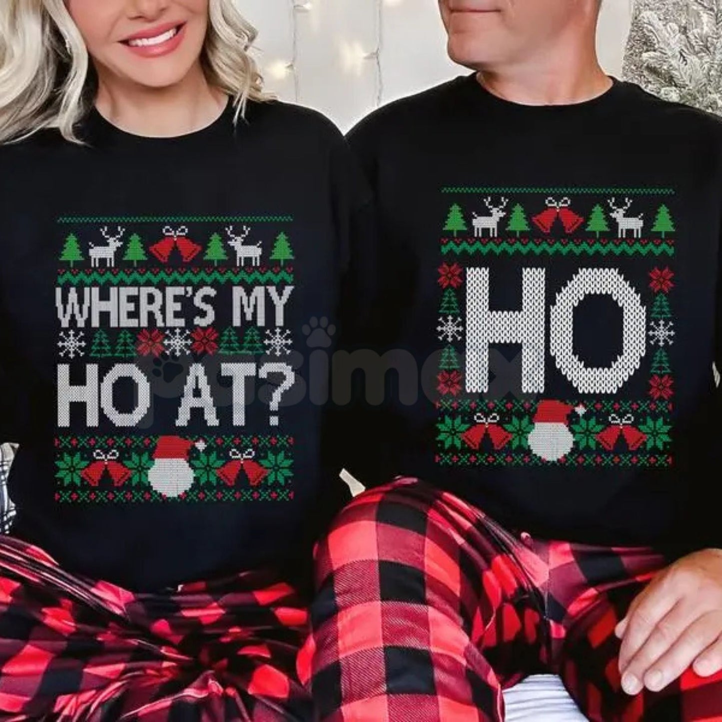 Funny Couples Christmas Sweatshirt Set | "Where's My Ho At?" Matching Shirt | Husband Wife Ugly Christmas Party Gear