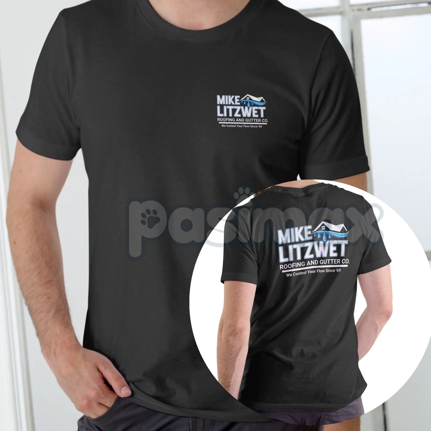 Mike Litzwet Roofing and Gutter Co. T-Shirt - Funny Pun Name Graphic Tee, Blue Collar Humor Apparel, Ironic Business Logo Shirt