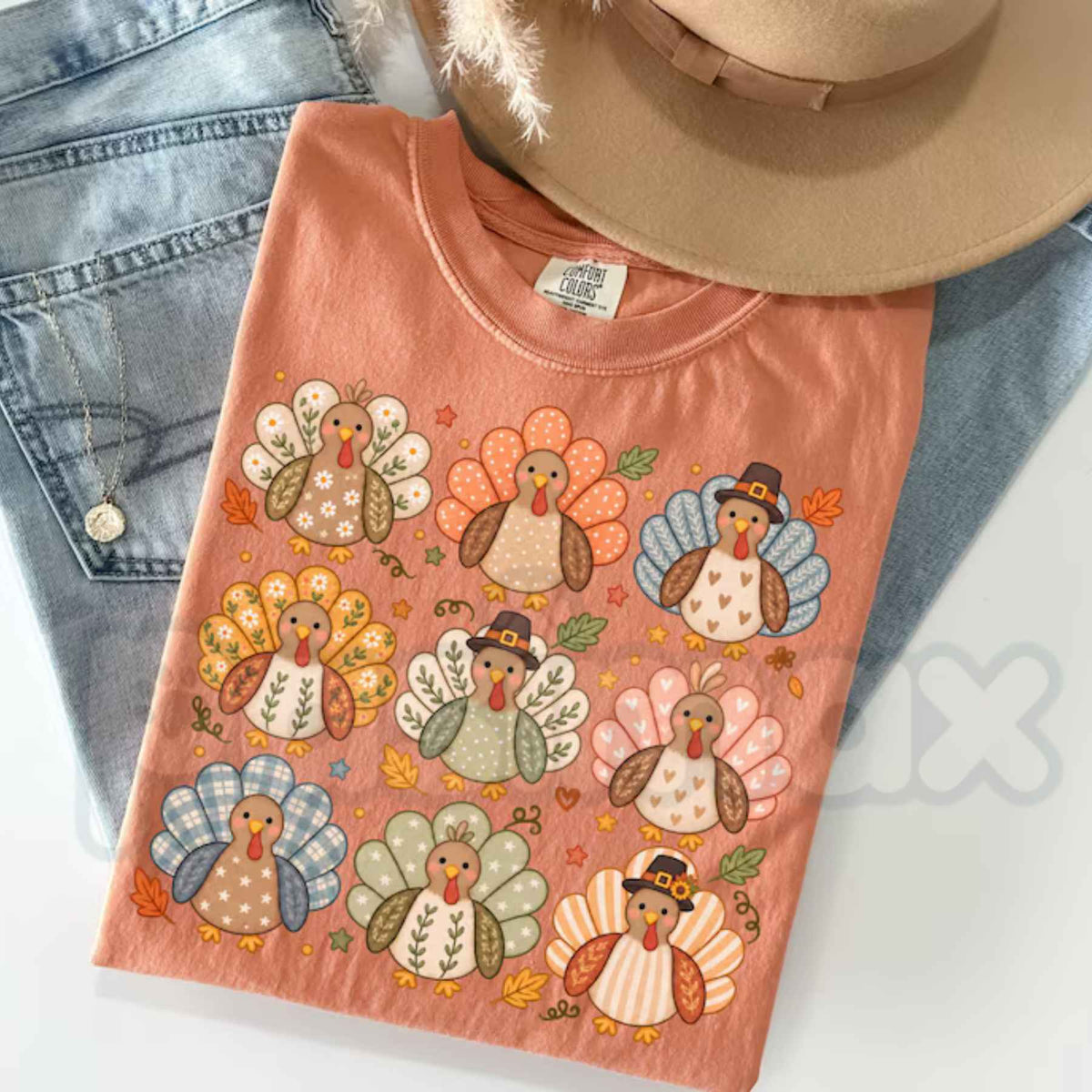 Comfort Colors® Boho Turkey Thanksgiving T-Shirt – Preppy Floral Fall Wild Turkey Graphic Tee, Whimsical Give Thanks Unisex Top & Gift