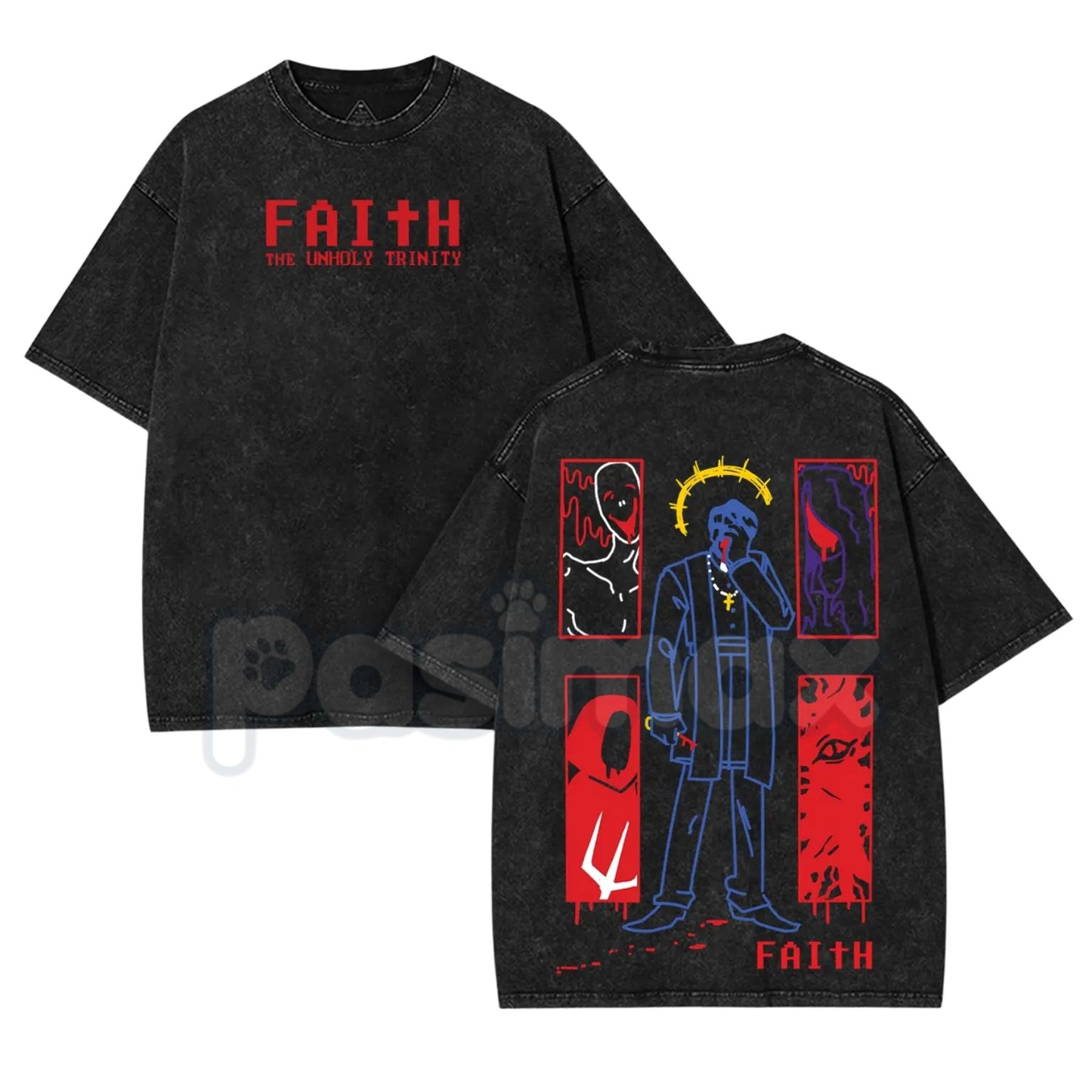 FAITH Horror Game Vintage Washed Tee – 8-Bit Retro Unholy Trinity Heavyweight Cotton T-Shirt