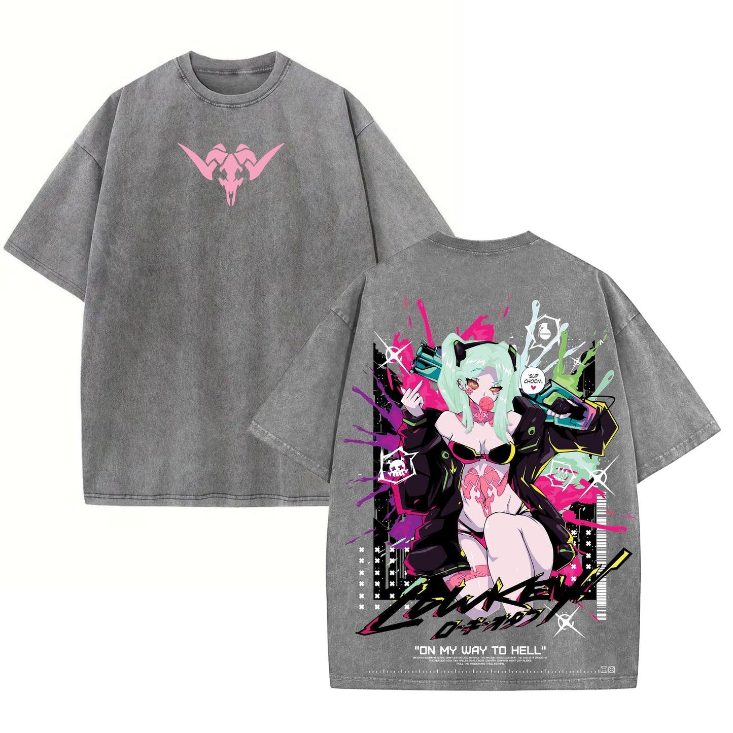 Cyberpunk Edgerunners Rebecca Tee – Acid Washed Double Print Heavyweight Anime Shirt