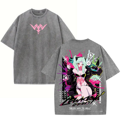 Cyberpunk Edgerunners Rebecca Tee – Acid Washed Double Print Heavyweight Anime Shirt