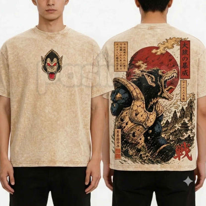 Unisex Great Ape Oozaru Saiyan Vintage Washed T-Shirt – Retro Anime DBZ Graphic Tee, Distressed Acid Wash Lightweight Cotton Streetwear Top