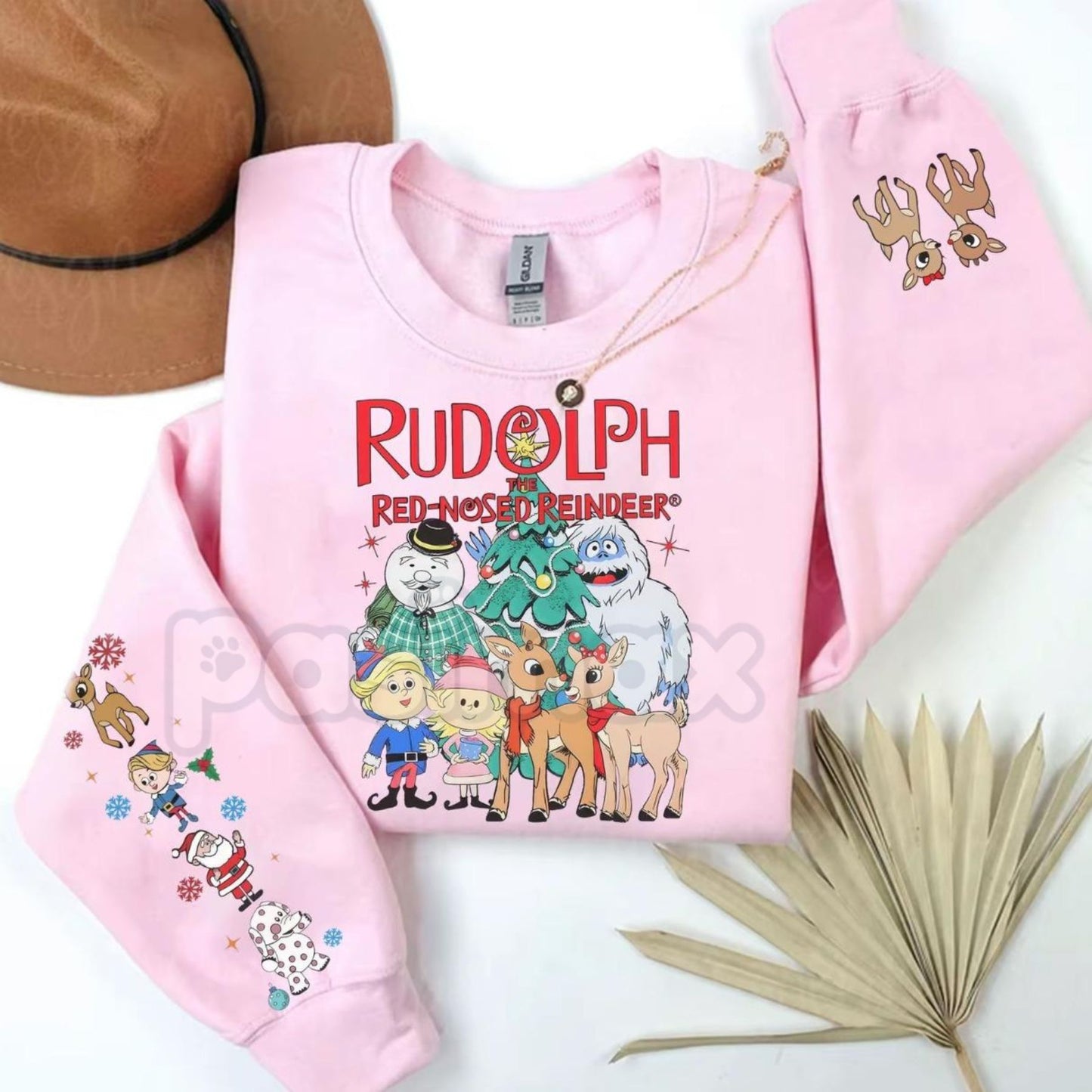 Rudolph Red Nosed Reindeer Sweatshirt with Sleeve Design | Nostalgic Christmas Jumper | Holiday Detail Crewneck