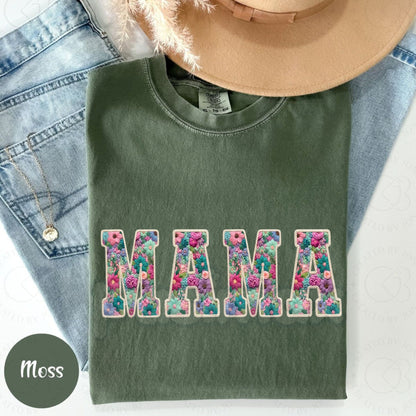 Comfort Colors® Faux Embroidery Effect Mama T-Shirt – Trendy Vintage Style Mother's Day Gift, Minimalist Boutique Mama Graphic Tee, Not Real Embroidery